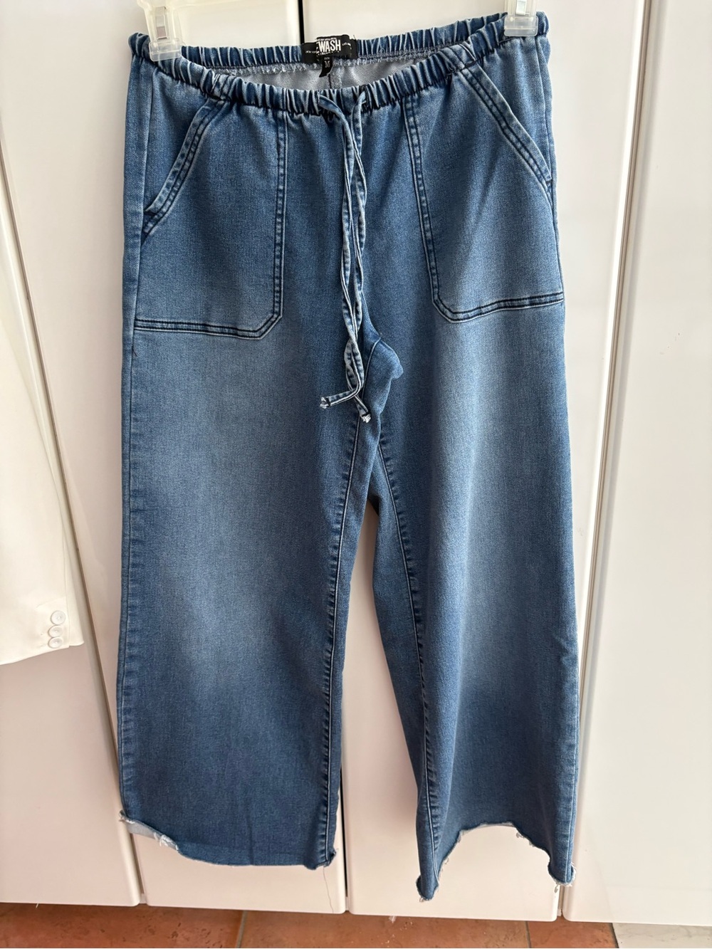 Rewash Blue Elastic-Waist Cropped Wide-Leg Jeans